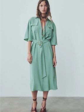 Zara Sage Green Button-Front Belted Midi Shirt Dress